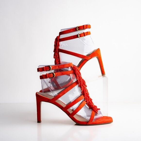 Boden Womens sandals Heels Orange Suede Beaded Open Toe US 7 EU 38 NWD - Picture 2 of 12